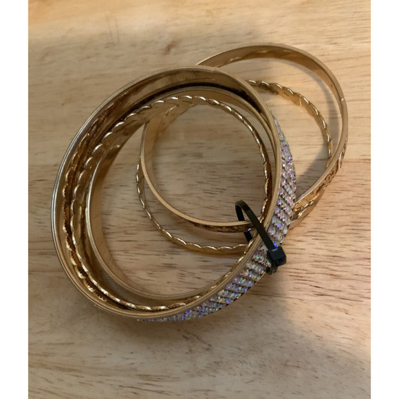 Retro Rhinestone Gold Tone Bangle Carved Bracelet Stackable Circles Set of 5 - Picture 8 of 11